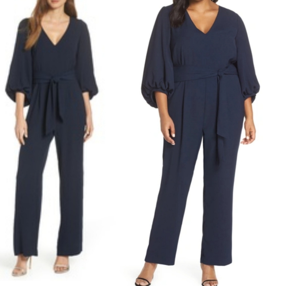 Eliza J Puff Sleeves Belted Jumpsuit Navy V Neck Size 8